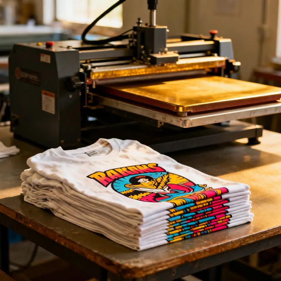 Pila de camisetas personalizadas recién impresas sobre la mesa de una imprenta con una plancha térmica detrás