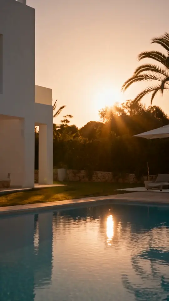 Villa: acercamiento tipo dron, sala inventada, piscina de noche