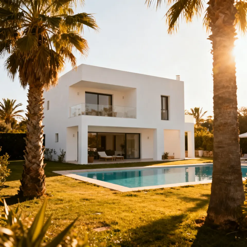 Villa moderna blanca de dos pisos con piscina privada y palmeras bajo un sol intenso
