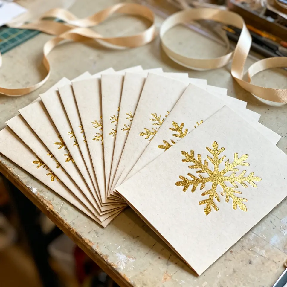 Fan of handmade New Year greeting cards with gold foil snowflakes