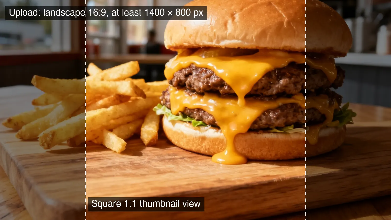 A burger photographed in landscape 16:9, with the centred square area that DoorDash shows as the thumbnail marked by dashed lines