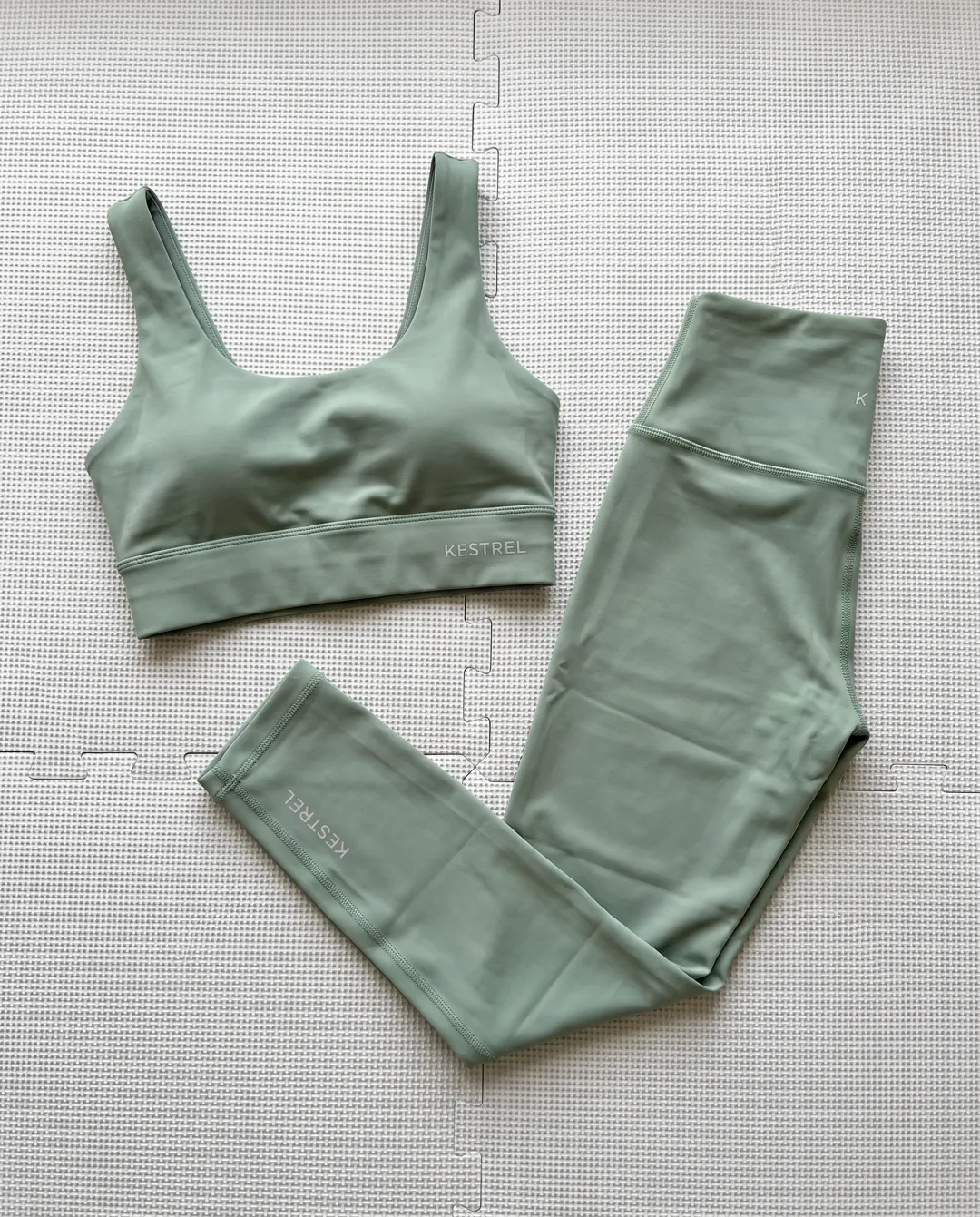 Starting product photo: sage activewear set (fictional brand “Kestrel”)