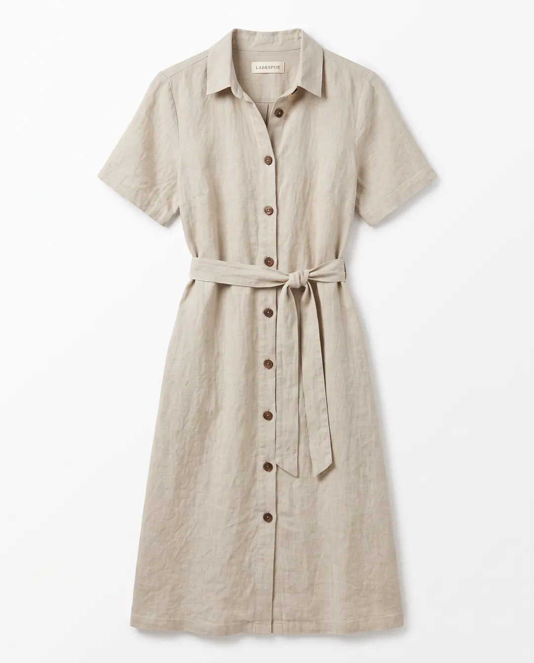 Before: ghost-mannequin photo of a linen shirt dress (fictional brand “Larkspur”)
