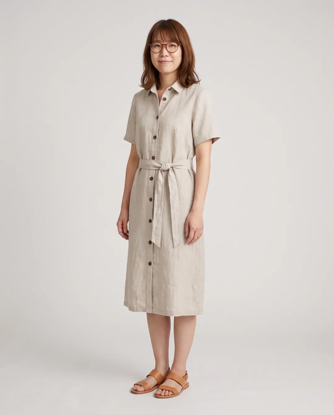 Same dress, third AI model (glasses kept from her reference)
