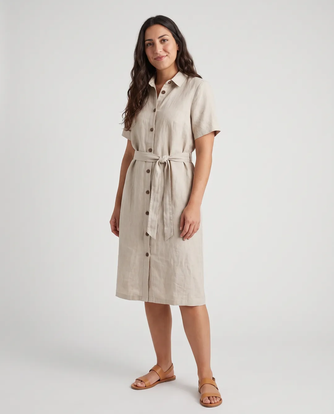 After: the same dress on an AI model, grey studio backdrop