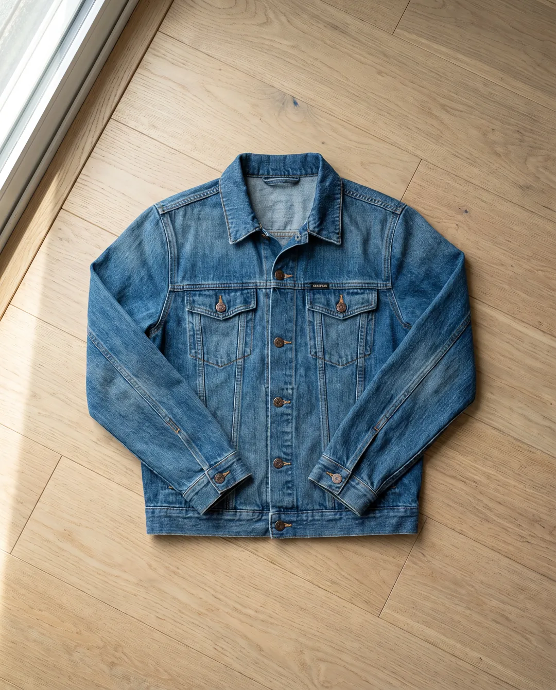 Before: flat lay of a denim trucker jacket on a wood floor (fictional brand “Northvale”)