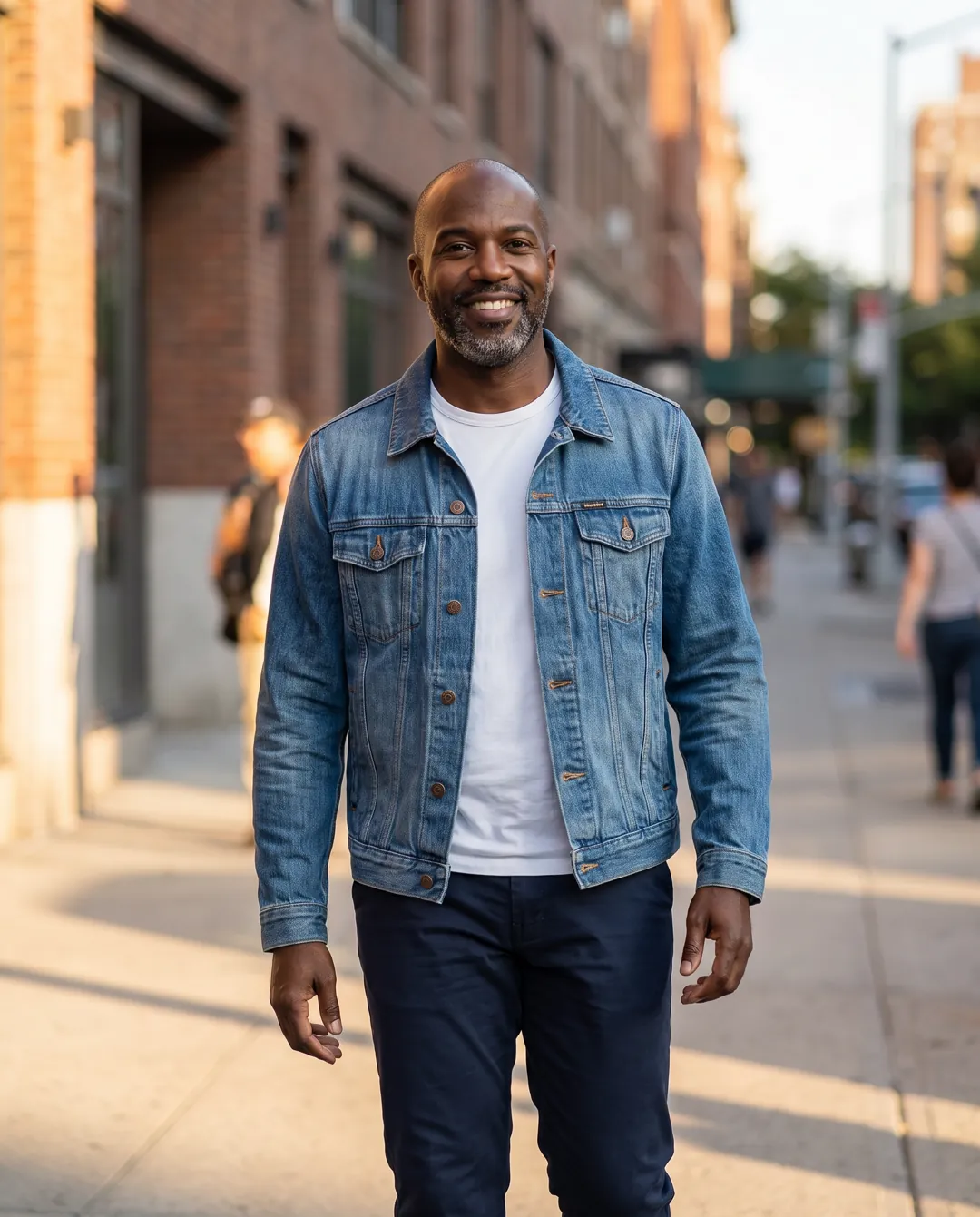 After: the jacket on an AI model, street style at golden hour