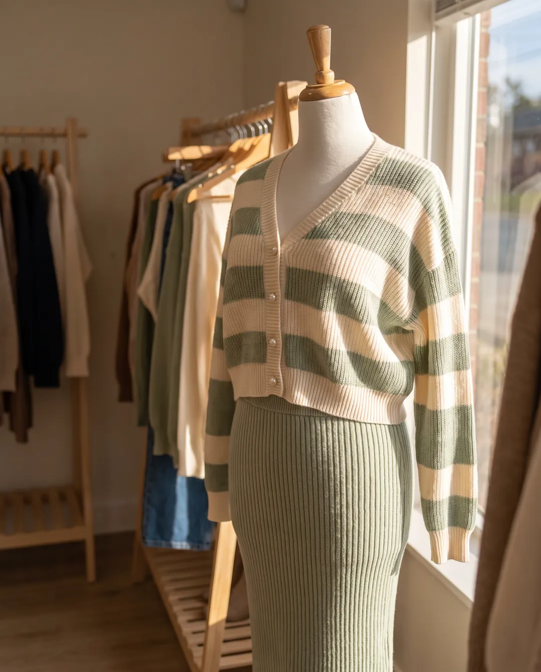 Before: knit set on a dress form in a boutique, shot like a phone photo