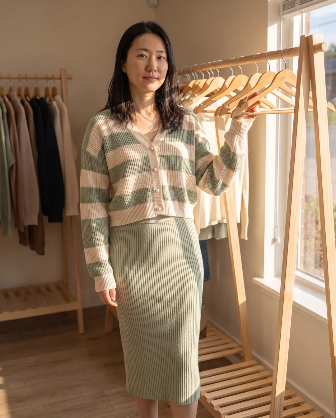 After: the same knit set on an AI model in the same boutique