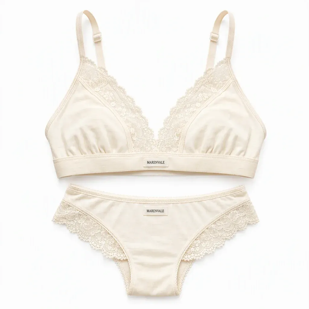 Starting product photo: cream lace bralette and brief (fictional brand “Marenvale”)