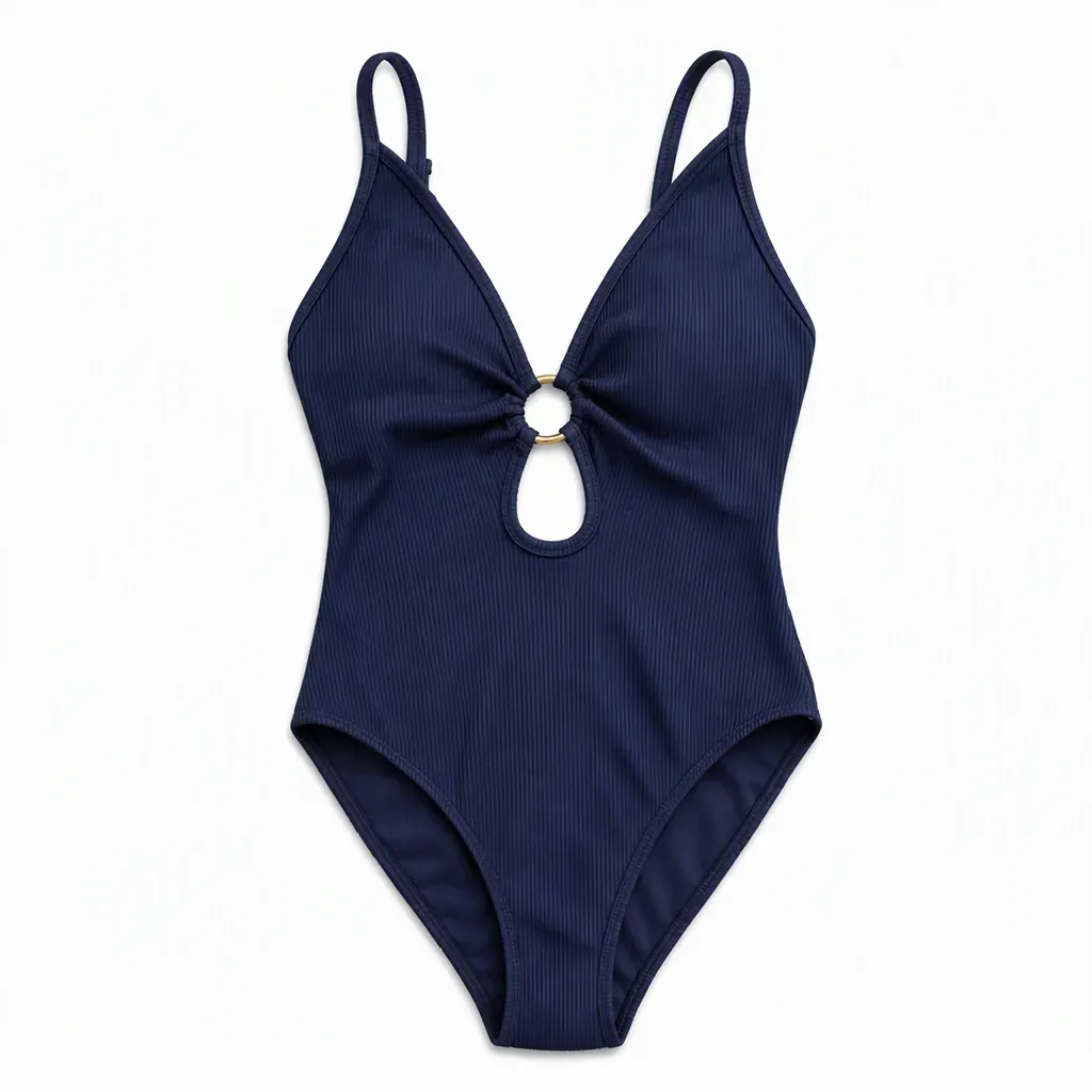 Starting product photo: navy ribbed one-piece (fictional brand “Saltmoor”)