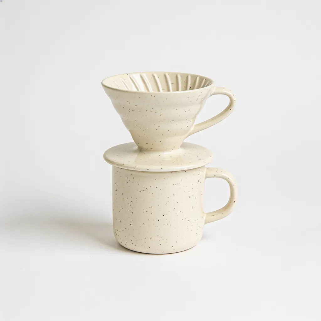 Studio shot on light grey: ceramic coffee dripper on a mug, with a soft shadow