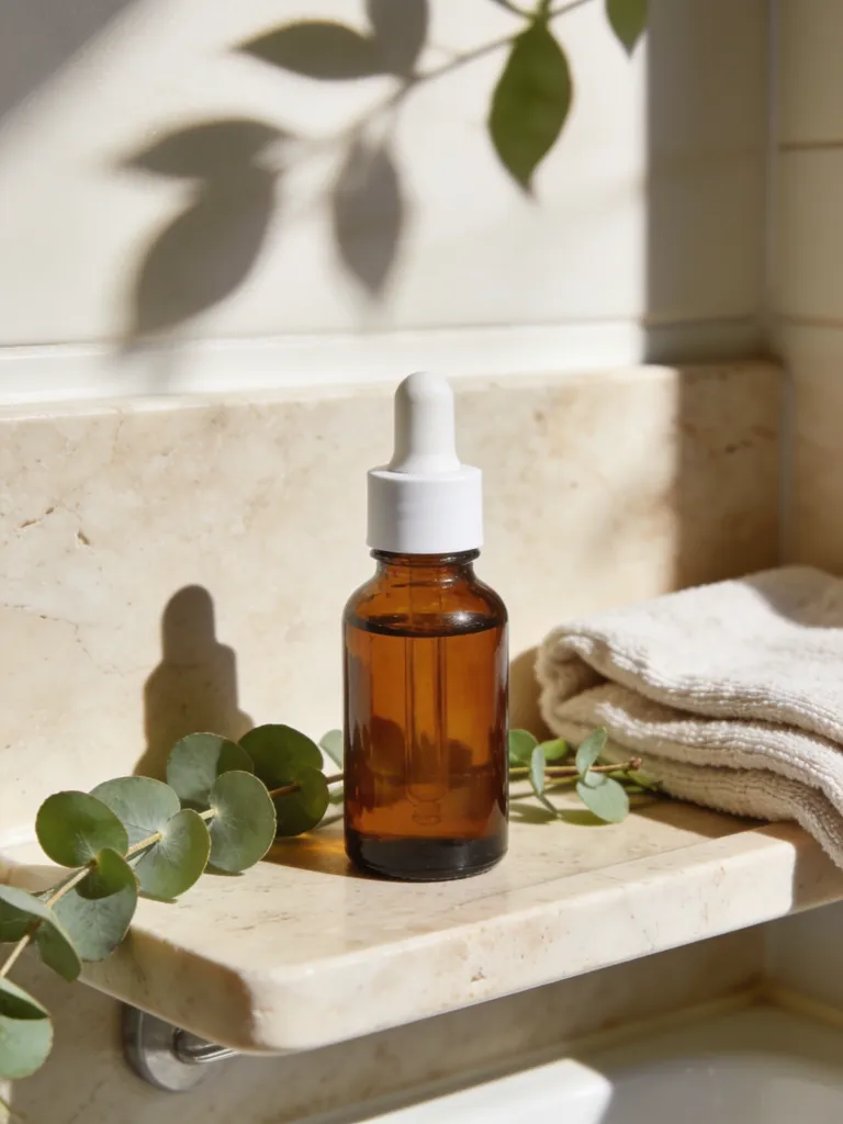 Lifestyle shot: serum on a bathroom shelf