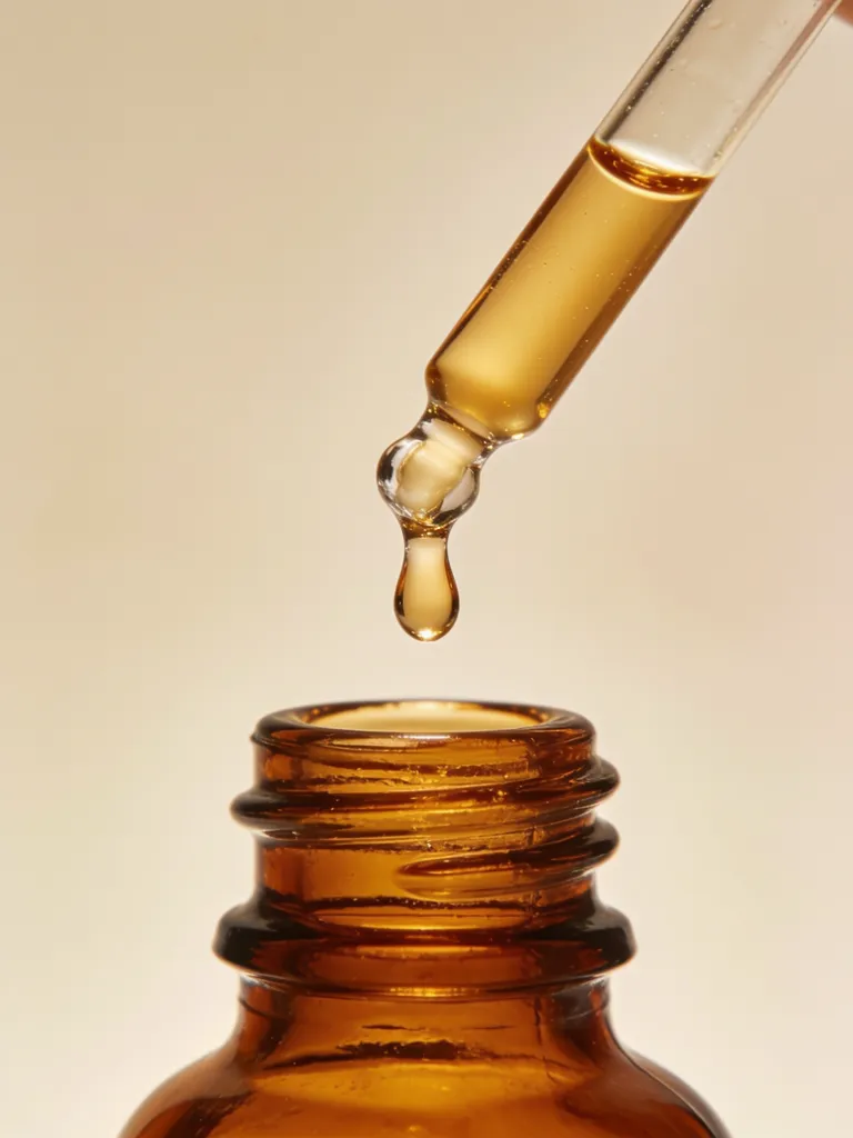 Macro of a glass dropper releasing a drop of serum over the open amber bottle