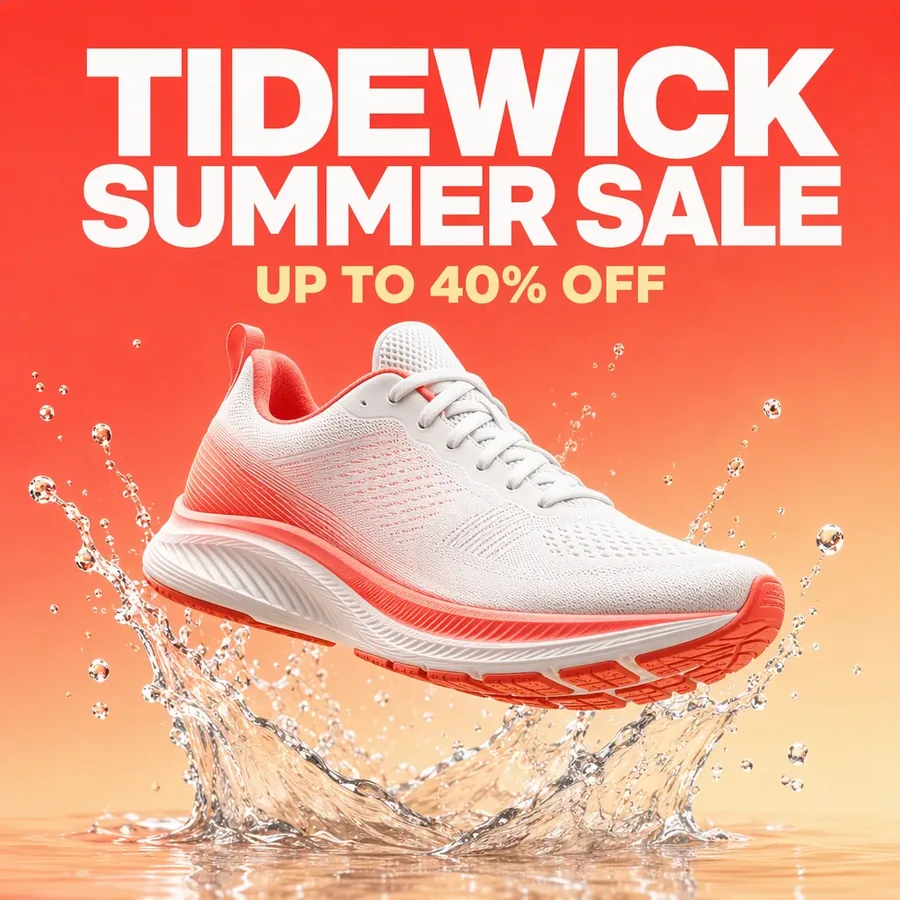 Tidewick Summer Sale poster: a white and coral running shoe splashing into water under the headline Up to 40% off