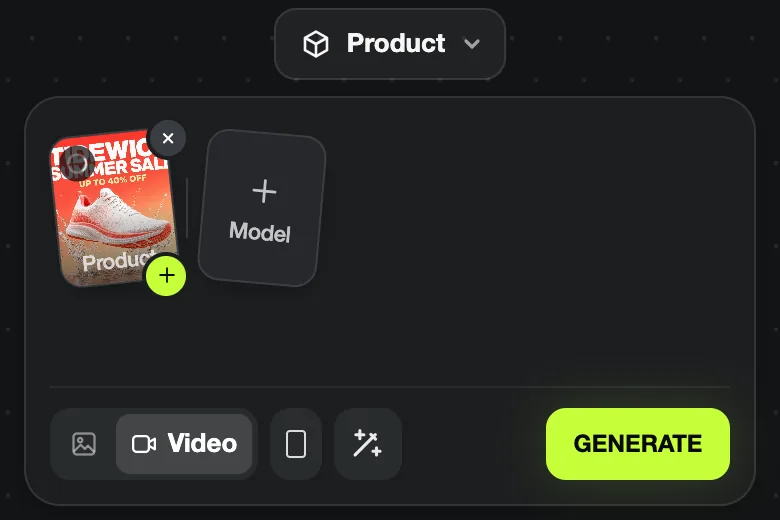 Blurbly create box with the Tidewick Summer Sale poster attached in the product slot, Video selected and GENERATE active