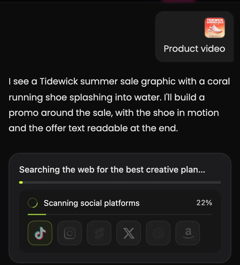 Task page where Blurbly describes the Tidewick summer sale graphic and starts its web research