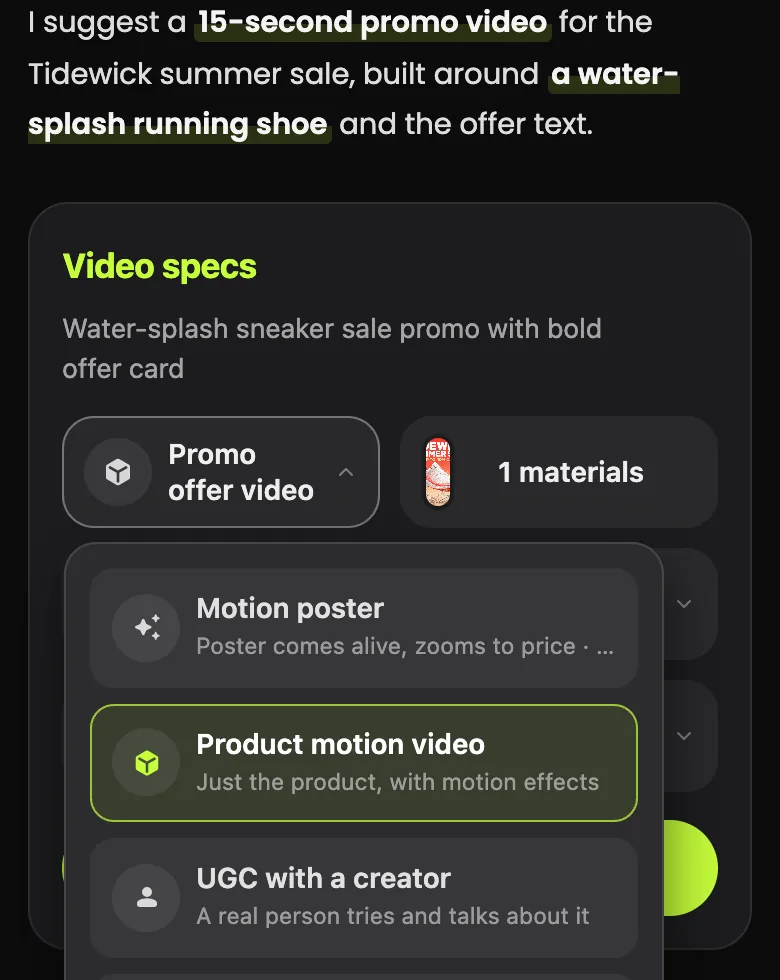 Specs card with the type menu open: Motion poster, Product motion video and UGC with a creator, current type Promo offer video