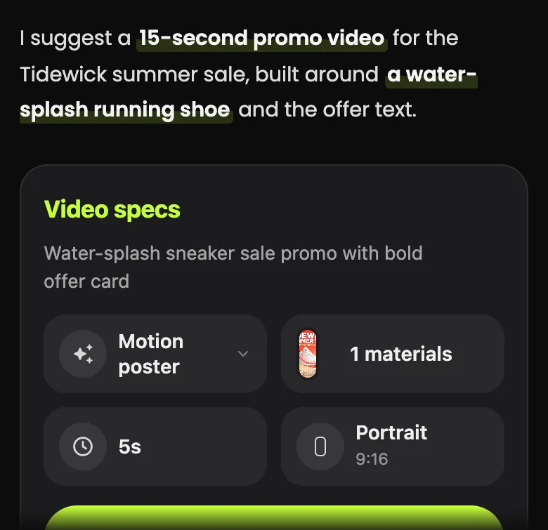 Video specs card with Motion poster selected, 1 material, 5 seconds and Portrait 9:16