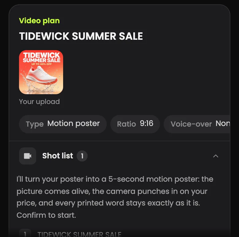 Video plan card titled TIDEWICK SUMMER SALE with the uploaded poster, type Motion poster, ratio 9:16 and a one-shot list