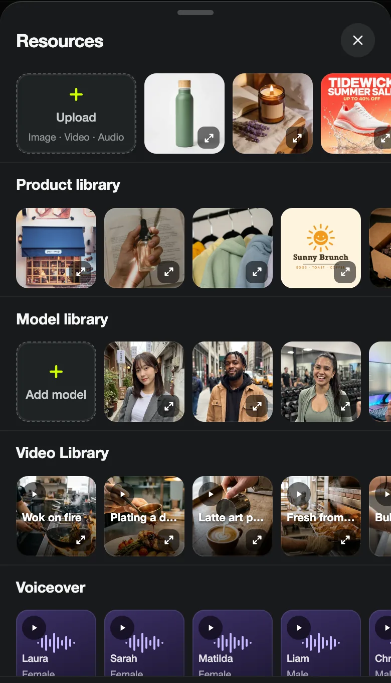 Blurbly Resources panel with Upload and recent uploads at the top, then Product library, Model library, Video Library and Voiceover rows