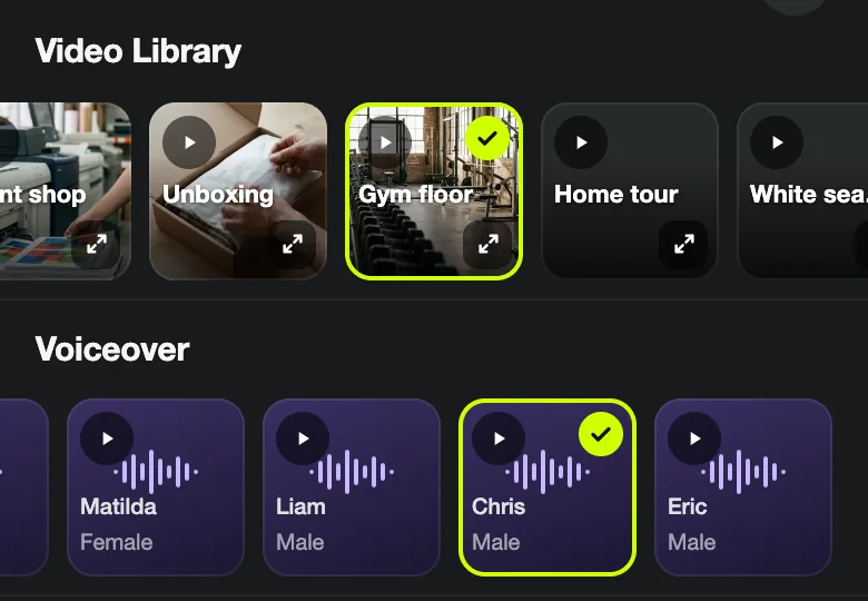 Video Library row with the Gym floor clip selected and Voiceover row with Chris selected