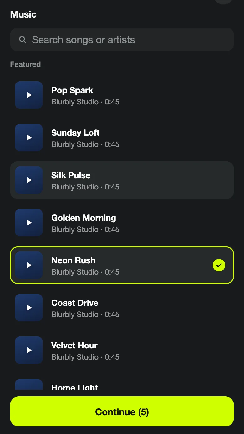 Music list with a search box and Featured Blurbly Studio tracks, Neon Rush selected, and the Continue (5) button