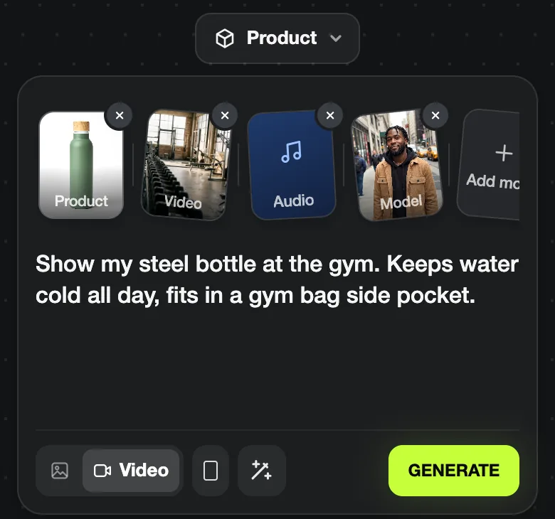 Create box with four picks laid out as cards: the bottle, the Gym floor clip, the audio track and the model, plus a one-sentence brief