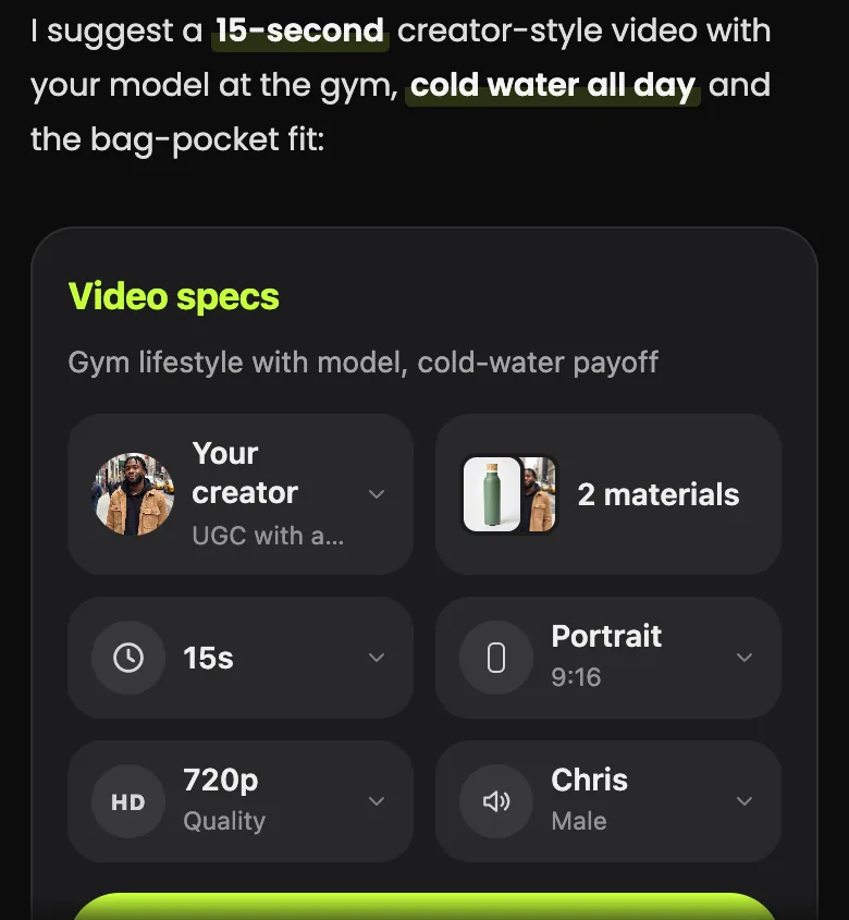 Video specs card with Your creator, UGC with a creator, 2 materials, 15 seconds, Portrait 9:16, 720p and the voice Chris, Male