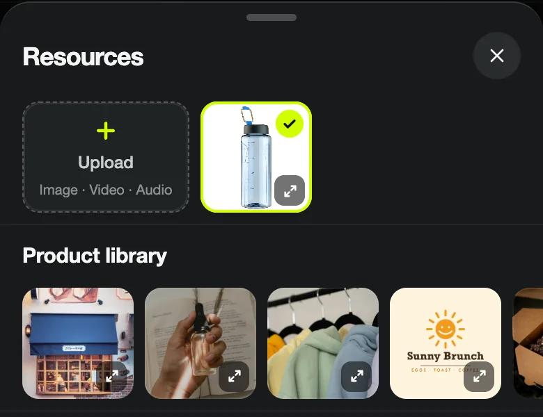 Blurbly Resources panel on a phone with an uploaded water bottle photo selected next to the Upload button