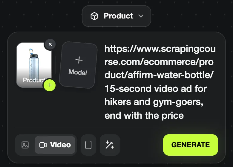 Blurbly create box with a bottle photo, a product page URL and a one-line brief, Video selected and GENERATE active