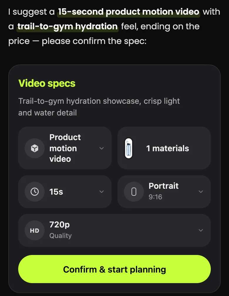 Video specs card suggesting a 15-second product motion video, 1 material, Portrait 9:16 and 720p, with the Confirm and start planning button
