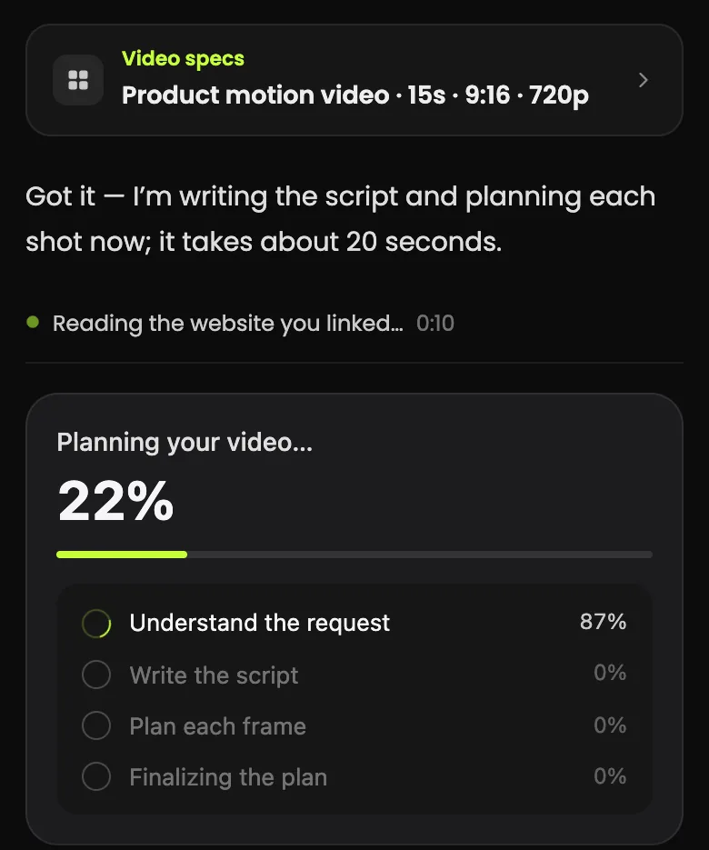 Collapsed video specs, the status line Reading the website you linked, and a Planning your video progress card at 22 percent