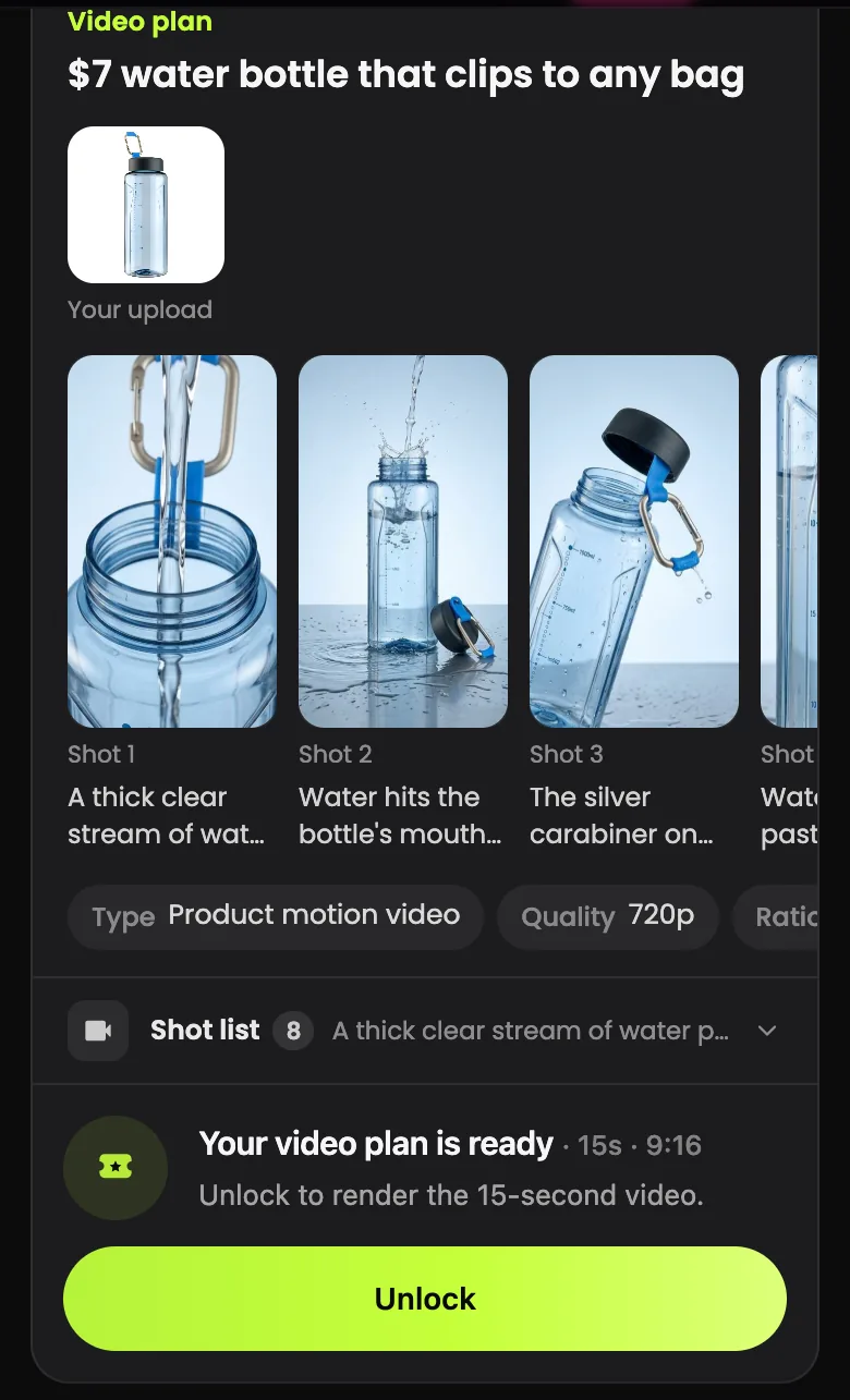 Video plan card with the uploaded bottle, preview frames for shots 1 to 3, spec chips, an 8-shot list and the Unlock button