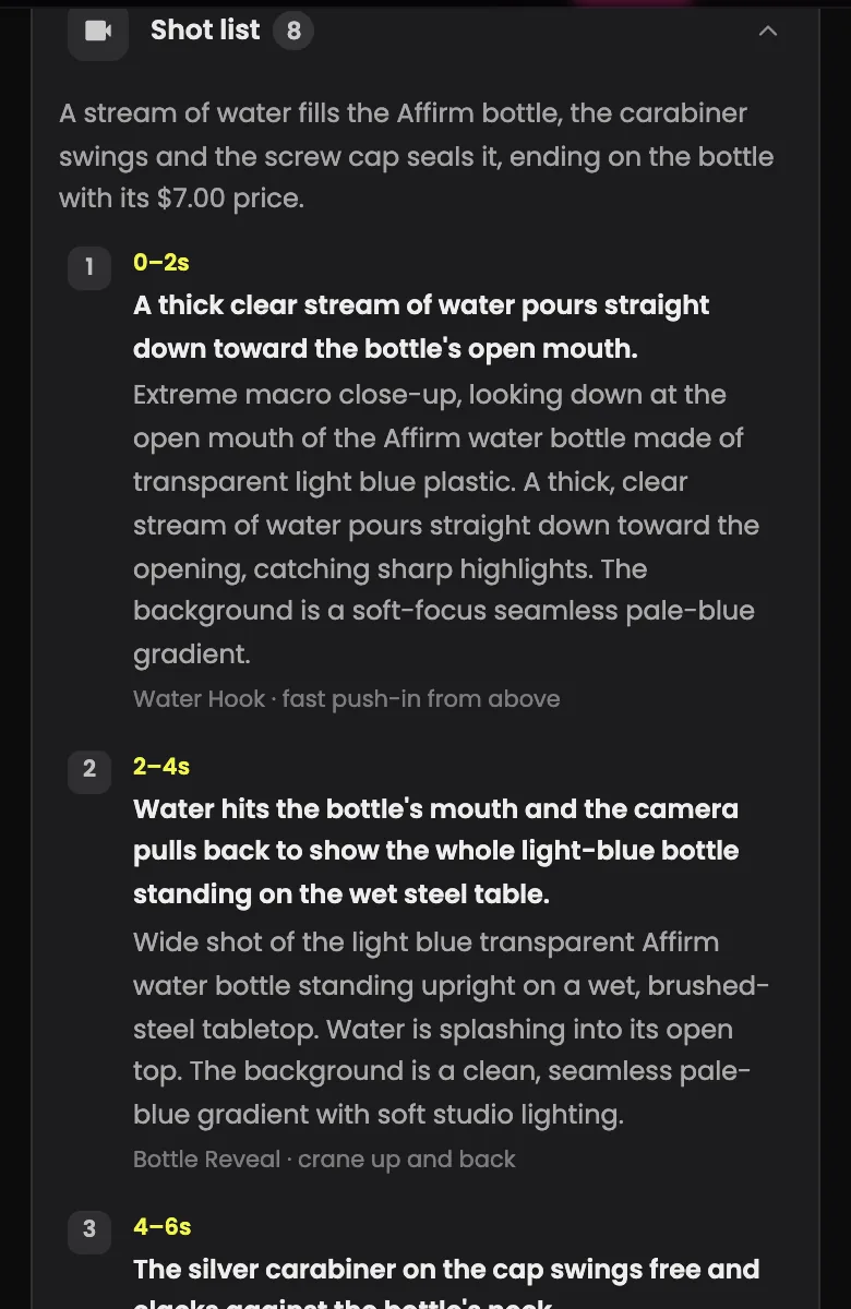 Expanded shot list with timings, actions, visual descriptions and camera moves for the first three shots
