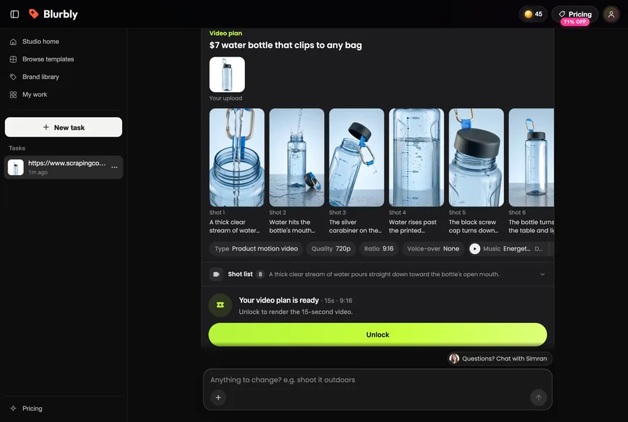 The same video plan on a 1280-pixel desktop screen with the task list in the left sidebar and the Unlock button