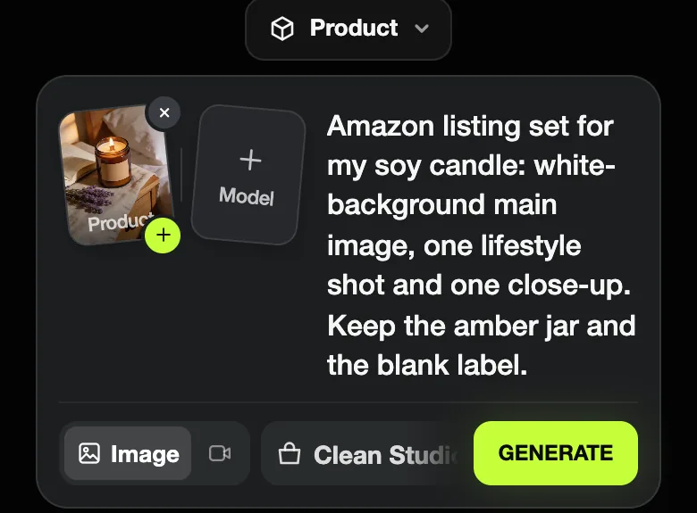 Blurbly create box set to Image with the Clean Studio style, a candle photo attached and a request for three Amazon listing images