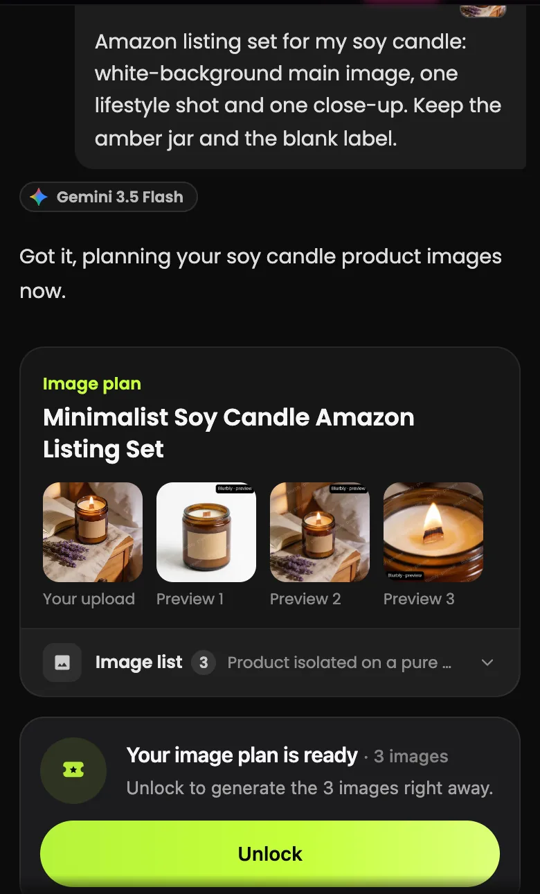 Image plan titled Minimalist Soy Candle Amazon Listing Set with the uploaded photo and three watermarked previews, followed by the Unlock button
