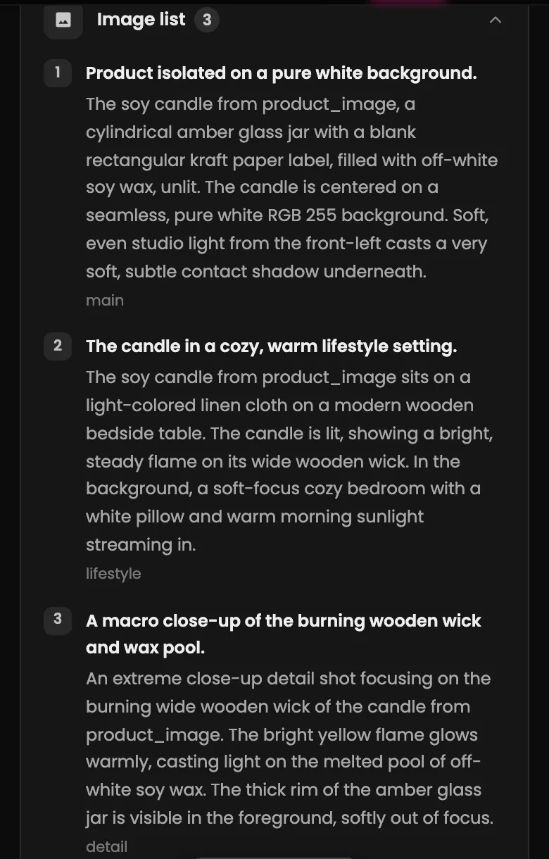 Expanded image list with three entries tagged main, lifestyle and detail, each with a full shot description