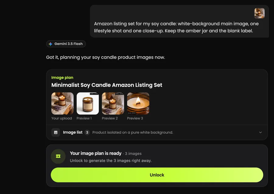 The candle image plan on a 1280-pixel desktop screen with three previews and the Unlock button