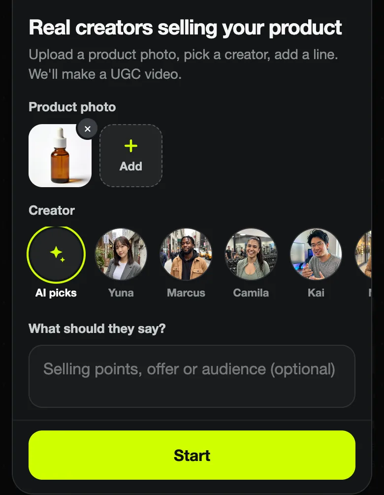 Blurbly pop-up Real creators selling your product with an uploaded serum bottle photo, the creator row with AI picks selected and an empty line field