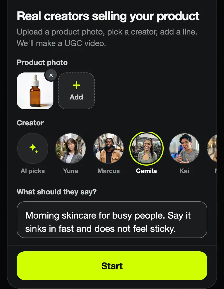 Camila selected with a green ring in the creator row and a two-sentence brief typed in the pop-up, Start button ready