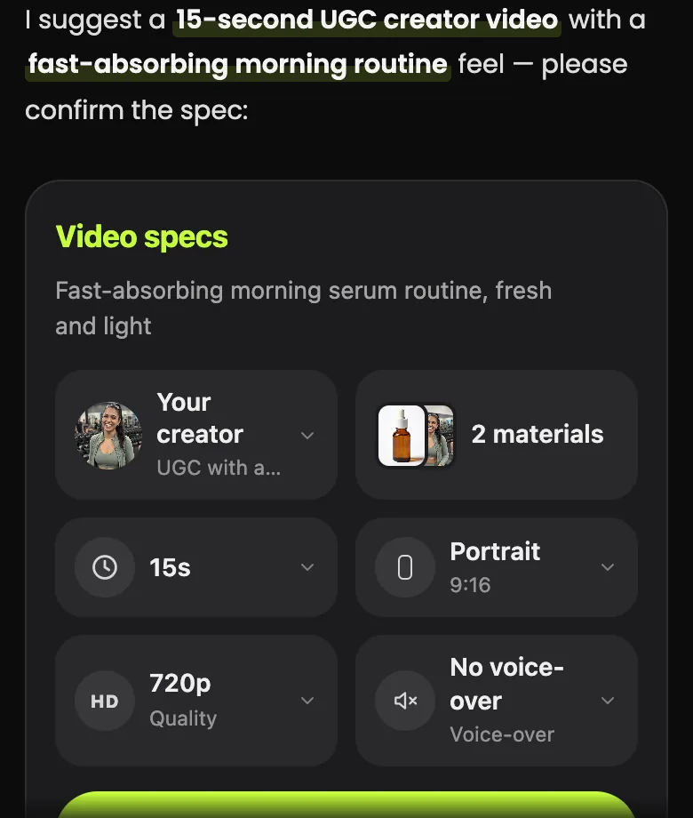 Video specs card with Your creator, UGC with a creator, 2 materials, 15 seconds, Portrait 9:16, 720p and No voice-over