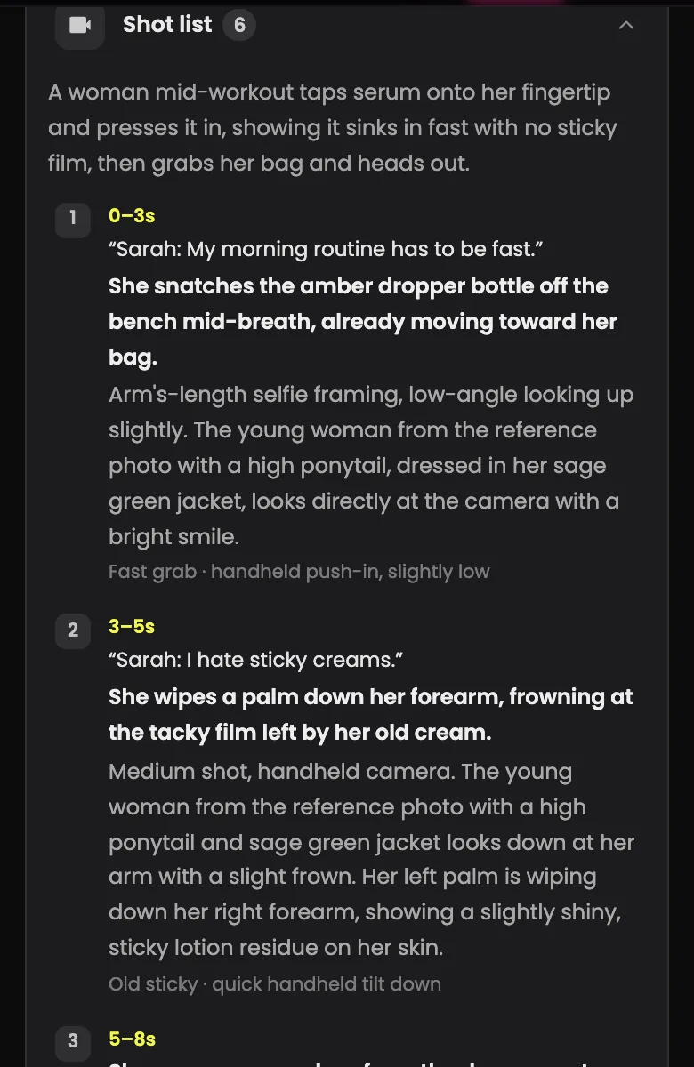 Expanded shot list showing the spoken lines, actions and camera notes for the first three shots of the serum ad