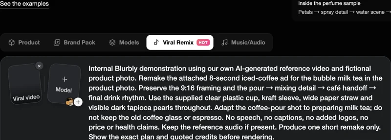 Live remake panel containing our reference-video upload, milk-tea product thumbnail and exact test brief