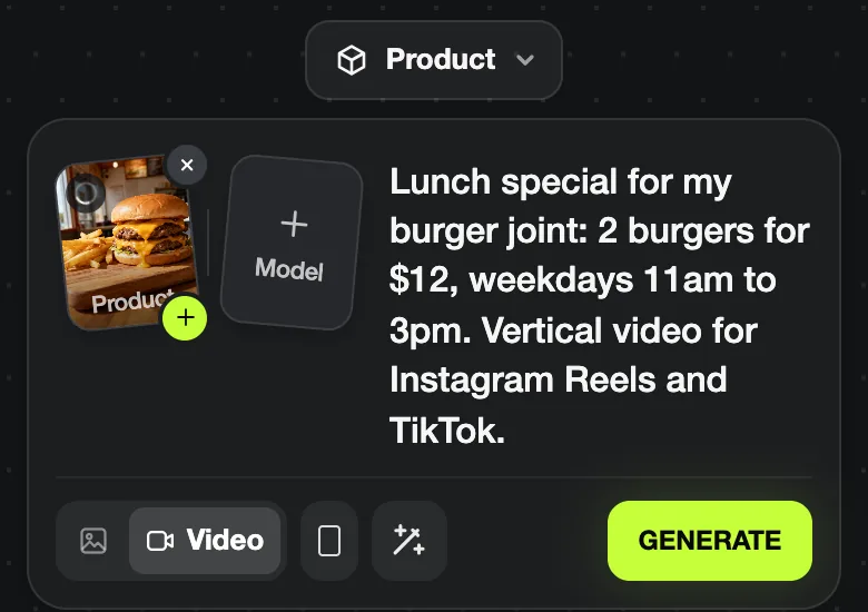 Blurbly create box with a burger and fries photo attached and a lunch special offer typed in, GENERATE active