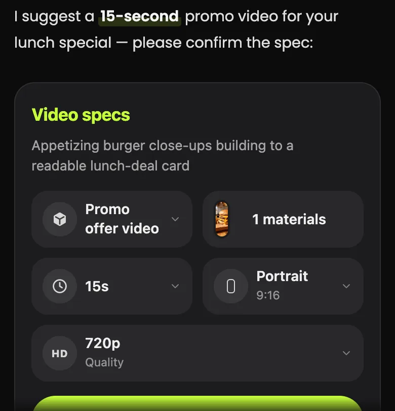 Video specs card for a lunch special: Promo offer video, 1 material, 15 seconds, Portrait 9:16, 720p