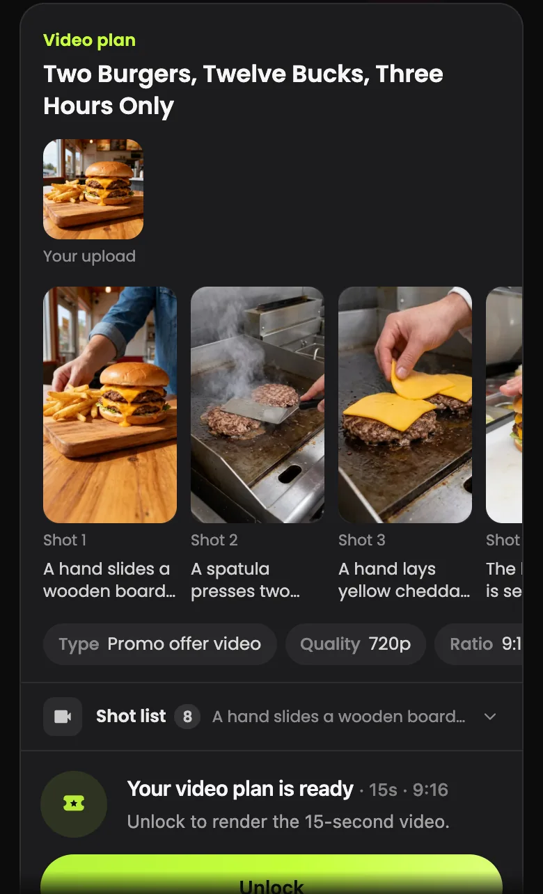 Video plan Two Burgers, Twelve Bucks, Three Hours Only with the uploaded burger photo and preview frames of the burger, the flat-top and melting cheddar