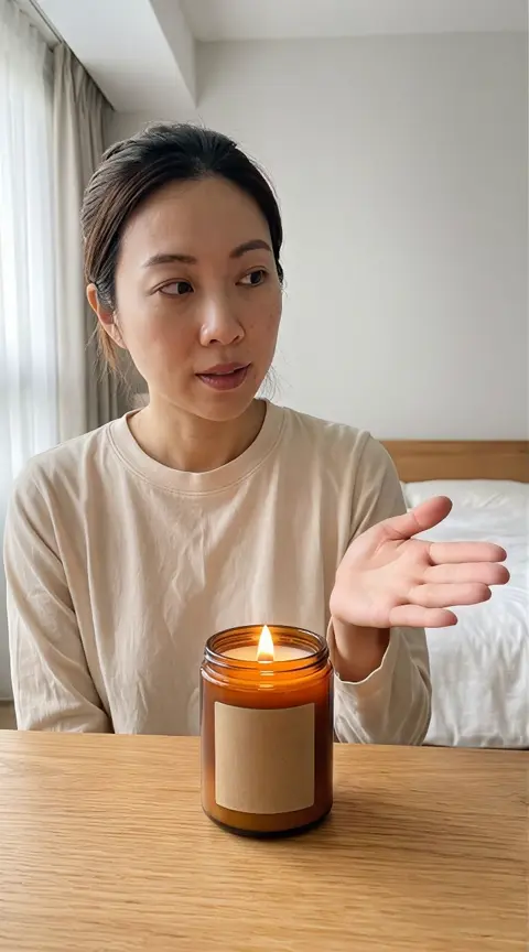 Fictional AI presenter beside the amber candle in the corrected test video