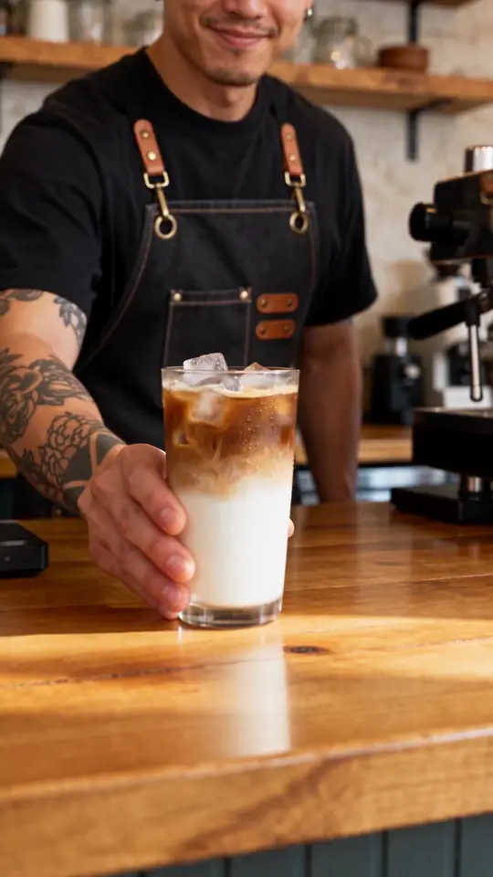 Owned AI-generated café reference: an 8.04-second iced-coffee sequence. The source file is silent.